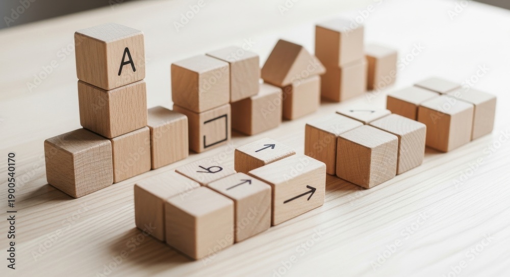 Fototapeta premium Educational wooden cubes with simple symbols and arrows arranged in rows, suggesting logic, learning, coding and problem solving