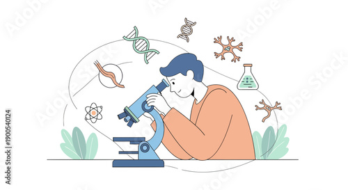Scientist examines microorganisms with a microscope in a laboratory setting with various scientific symbols around him, including DNA and atoms
