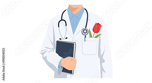 A doctor in a white coat holds a clipboard and wears a stethoscope with a red tulip.