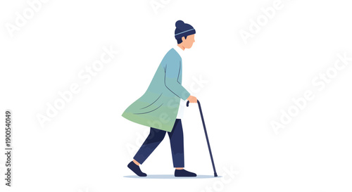 Elderly woman walks with cane on snowy day in winter clothing outdoors