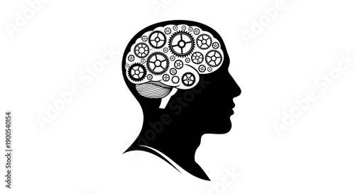 A black silhouette of a human head with mechanical gears inside the brain, representing a creative mind.
