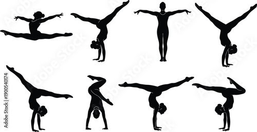 Gymnast silhouette collection, female artistic gymnastics poses set, balance flexibility training illustration, sports performance movement concept, vector isolated background design