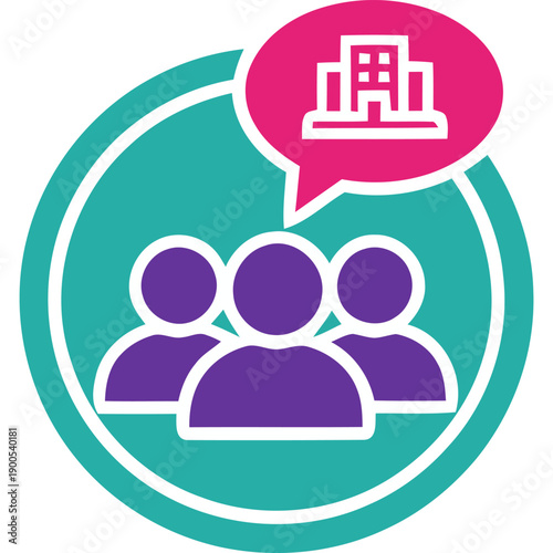 Group of people discussing business in a modern building setting with a speech bubble icon