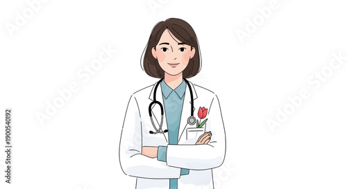 Female doctor with stethoscope holding red rose in pocket standing confidently