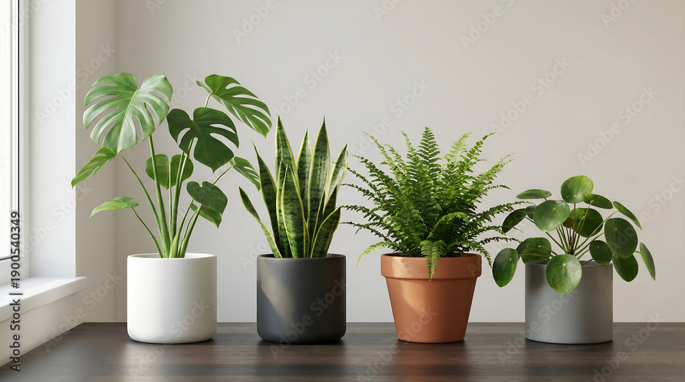 Obraz premium A serene collection of diverse indoor houseplants in stylish pots, thoughtfully arranged to enhance the natural beauty and fresh green aesthetic of a modern home interior.