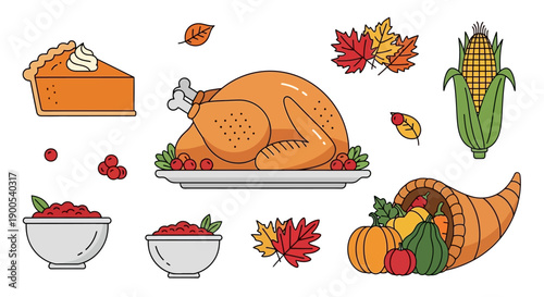 Thanksgiving feast illustration with turkey, pie, and autumn elements