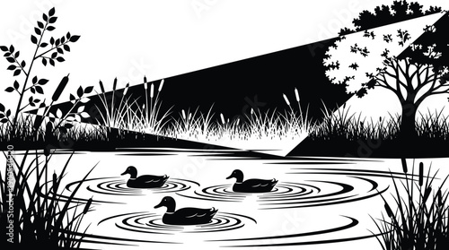 Nature lake landscape silhouette, ducks swimming on water with ripples, reeds grass and trees scenery, black vector illustration isolated on white background
