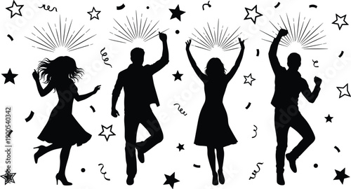 People dancing celebration silhouette with confetti and stars, party event fun concept, happy crowd movement illustration, festival nightlife vector isolated background