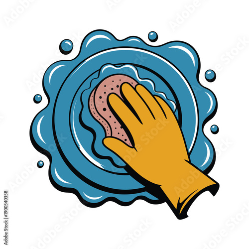 A cartoon hand wearing a yellow rubber glove washing a pink sponge in blue soapy water