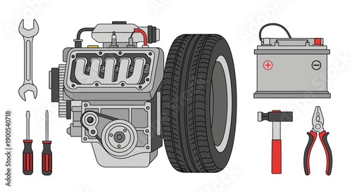 Automotive engine parts and tools illustration with battery and tire