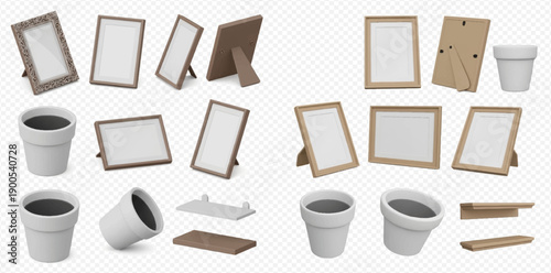 Set of blank picture frames, empty flower pots, and wooden shelves isolated on transparent background.