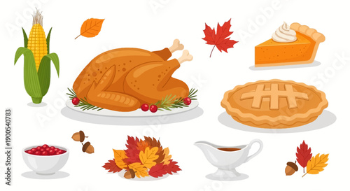 Thanksgiving feast elements with turkey, pies, and autumn leaves