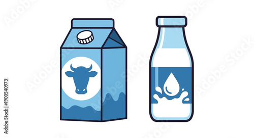 Cartoon milk carton and bottle illustration with blue color scheme