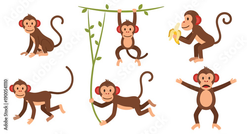 Cute cartoon monkeys in various playful poses with banana