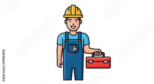 Smiling cartoon construction worker holding a red toolbox