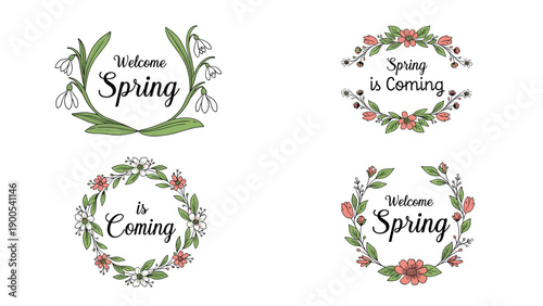 Collection of four charming circular spring wreaths featuring delicate floral designs and welcoming typography messages.