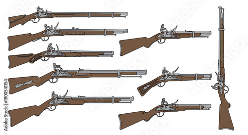 Collection of vintage muskets and rifles in detailed vector illustration