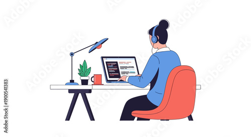 Woman working remotely at desk with laptop and headphones