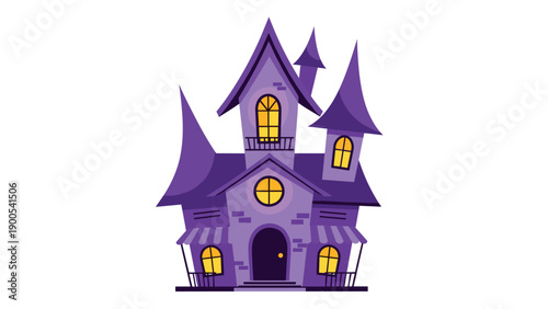 Spooky purple haunted house with glowing yellow windows and sharp turrets creates a chilling Halloween illustration.