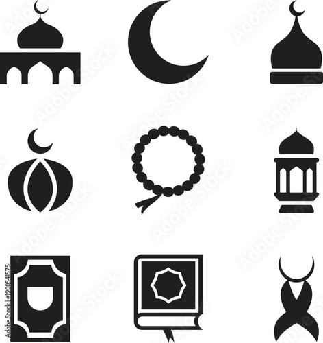 Ramadan Kareem Solid Icon Set with Islamic Religious Symbols