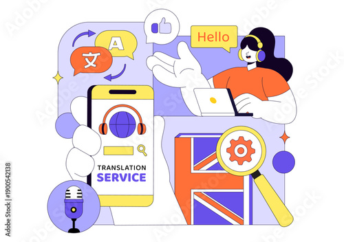 Translator Service Vector Illustration Showing Multilanguage Translation Across Various Countries Using A Dictionary In Flat Cartoon Style Background