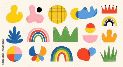 A vibrant collection of abstract, colorful shapes and playful illustrations on a cream background.