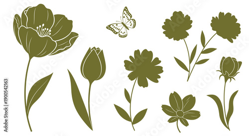 A collection of silhouette illustrations of various flowers and a butterfly, presented in a single color.