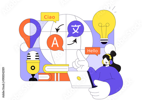 Translator Service Vector Illustration Showing Multilanguage Translation Across Various Countries Using A Dictionary In Flat Cartoon Style Background