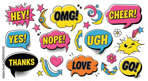 A vibrant collection of comic-style speech bubbles and graphic elements, featuring words like 'Hey!', 'OMG!', 'Yes!', 'Nope!', 'Ugh', 'Thanks', 'Love', and 'Go!'.