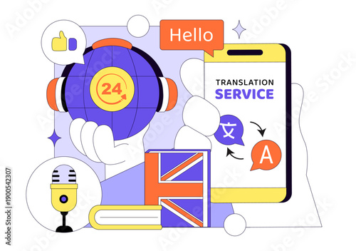 Translator Service Vector Illustration Showing Multilanguage Translation Across Various Countries Using A Dictionary In Flat Cartoon Style Background