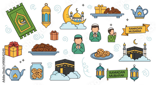 A vibrant collection of Ramadan-themed illustrations featuring Islamic symbols, festive elements, and traditional motifs.