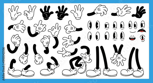 Collection of cartoon character body parts including hands, arms, legs, and facial features for animation.