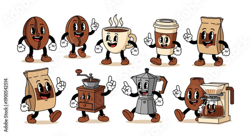 A collection of cartoon characters representing coffee beans, a coffee cup, coffee bags, a coffee grinder, and coffee makers.