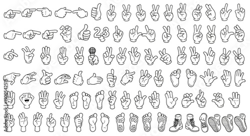 A comprehensive collection of hand and foot gestures, including various poses and expressions, presented in a black and white line art style.
