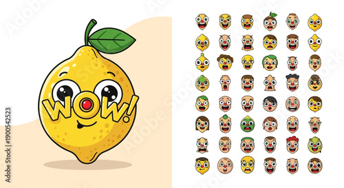 A vibrant cartoon lemon character with a cheerful expression and the word "WOW!" written on its face, set against a soft peach background, with a grid of diverse cartoon faces on the right.
