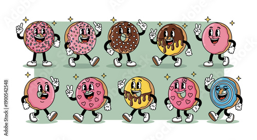 A vibrant illustration featuring a collection of ten anthropomorphic donuts with distinct facial expressions and poses, set against a light green background with sparkling accents.