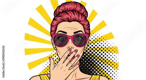A surprised woman with bright pink sunglasses and her hand covering her mouth, against a yellow sunburst background.