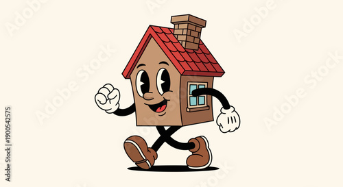 A vintage cartoon house with arms and legs is walking with a smile.