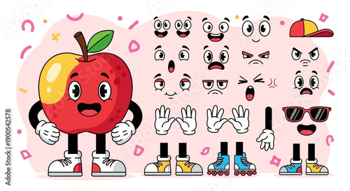 A cartoon apple character with various facial expressions, hands, feet, and accessories for customization.
