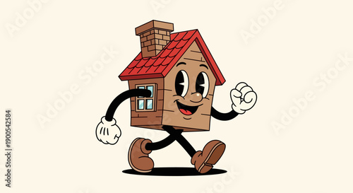 A vintage cartoon house with a smiling face and arms and legs is walking happily.