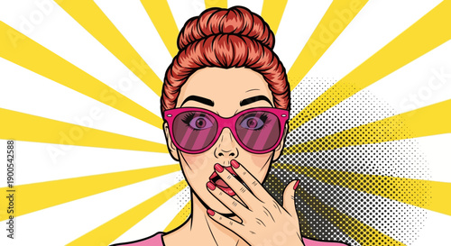 A surprised woman with pink sunglasses and her hand over her mouth against a yellow sunburst background.