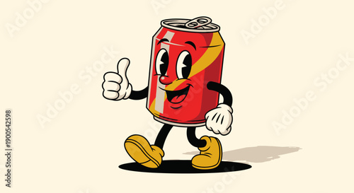 A vintage cartoon soda can character with a smiling face and arms, giving a thumbs-up gesture while walking.