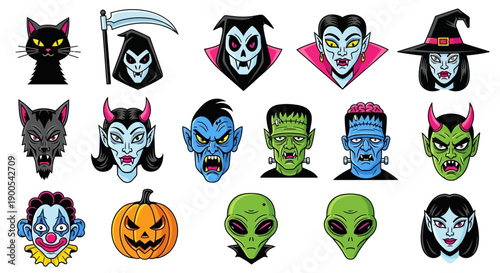 A collection of cartoon illustrations featuring various spooky and monstrous Halloween characters, including a black cat, grim reaper, vampires, a witch, a werewolf, a clown, a pumpkin, and aliens.