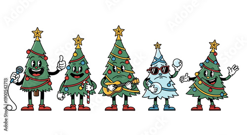 A group of five cartoon Christmas trees with arms, legs, and faces, each with a unique personality and accessories.