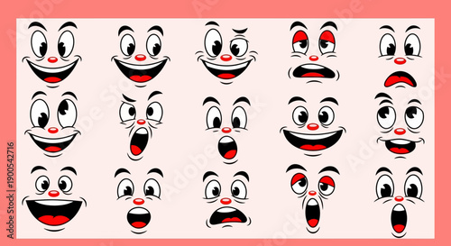 A collection of 15 cartoon faces displaying a variety of exaggerated emotions and expressions, rendered in a bold, graphic style.