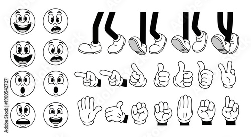 A collection of cartoon-style graphic elements including expressive faces, hands in various gestures, and legs with shoes.