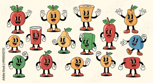 A collection of vintage cartoon characters representing various fruits and beverages, all with expressive faces and waving arms.
