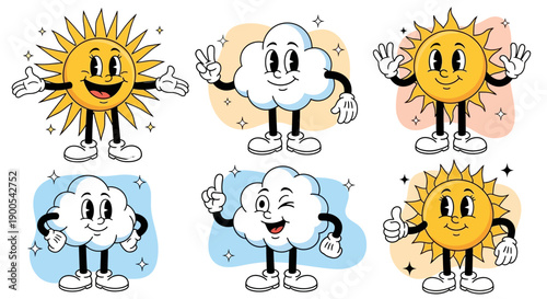 A collection of six vintage cartoon characters, featuring three smiling suns and three playful clouds, each with unique expressions and gestures.