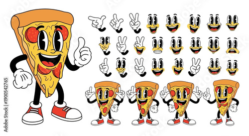 Retro cartoon pizza character with various expressive hand gestures and facial expressions, perfect for animation and design.