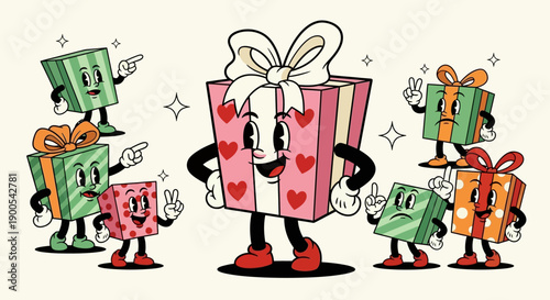 A group of anthropomorphic gift boxes with faces and limbs, gathered around a larger central gift box, in a retro cartoon style.